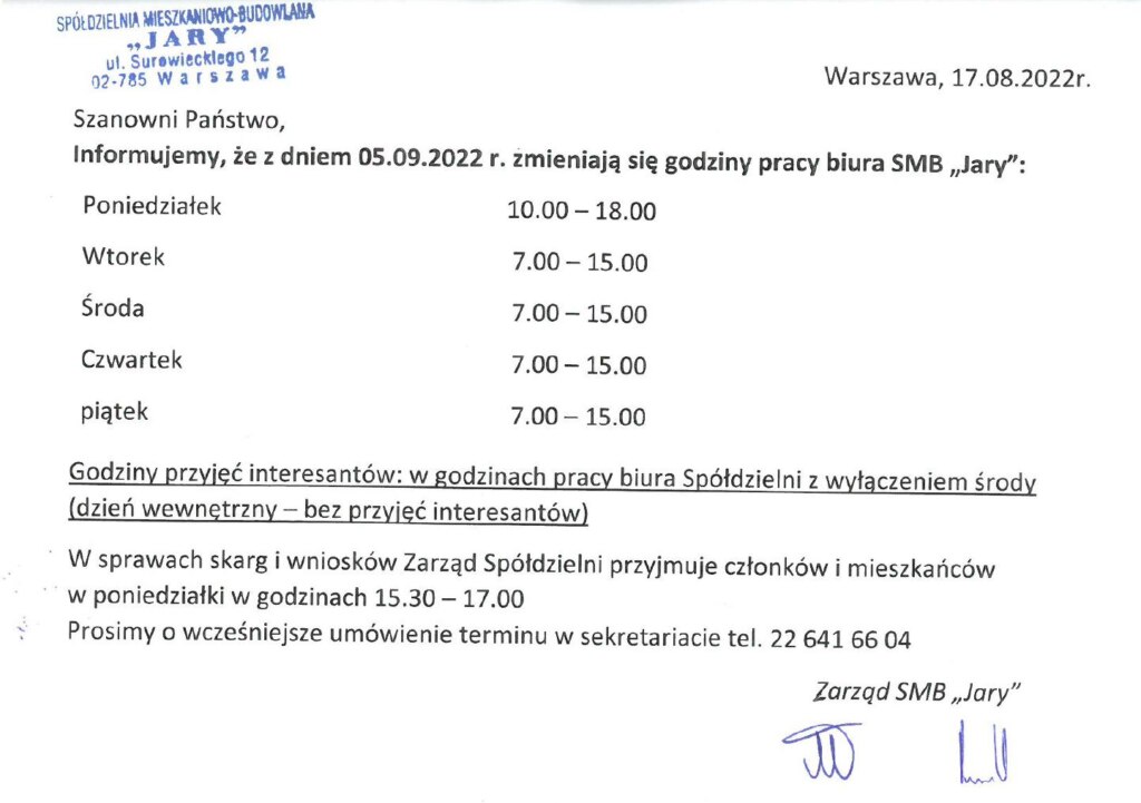 Ogłoszenia Zmiana Godzin Pracy Ss Smb Jary 8215